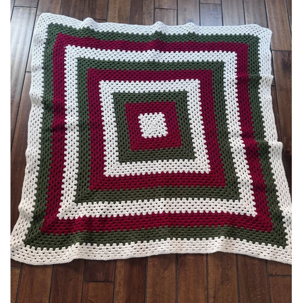 Handmade Crochet Granny Square Throw Blanket Green Red White Afghan 54x54